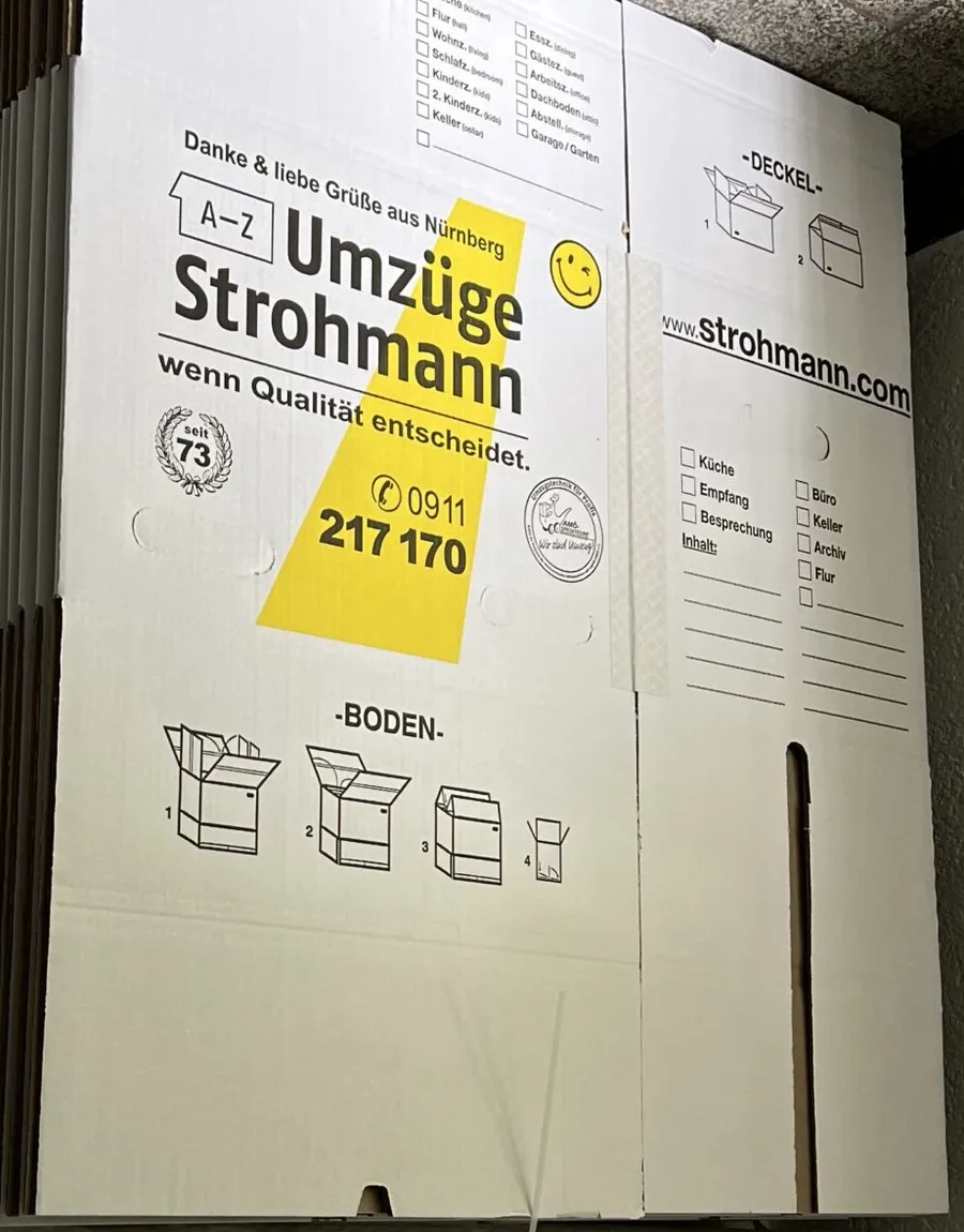 Strohmann-Umzugskarton mit aufgedrucktem Claim, Faltanleitung, Raum-Ankreuzfeldern und Gruß aus Nürnberg